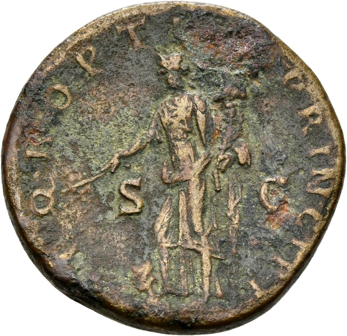 RIC II Trajan 505 Trajan reverse, Pax, draped, standing left, holding branch out and downwards in right hand and cornucopi...