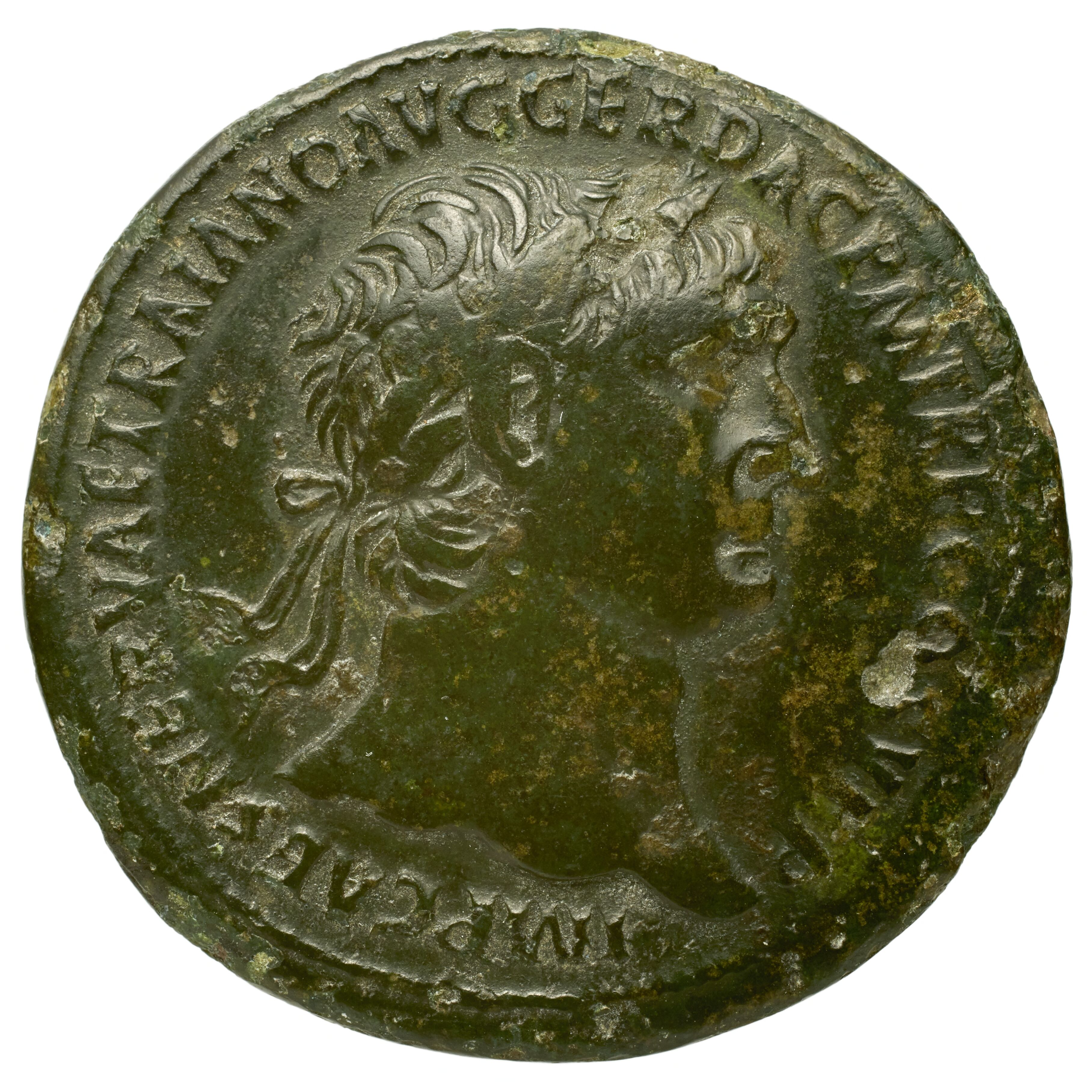 RIC II Trajan 508 Trajan obverse, Head of Trajan, laureate, right