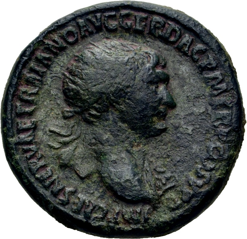 RIC II Trajan 510 (as) Trajan obverse, Bust of Trajan, laureate, draped on left shoulder, right (sometimes with aegis)