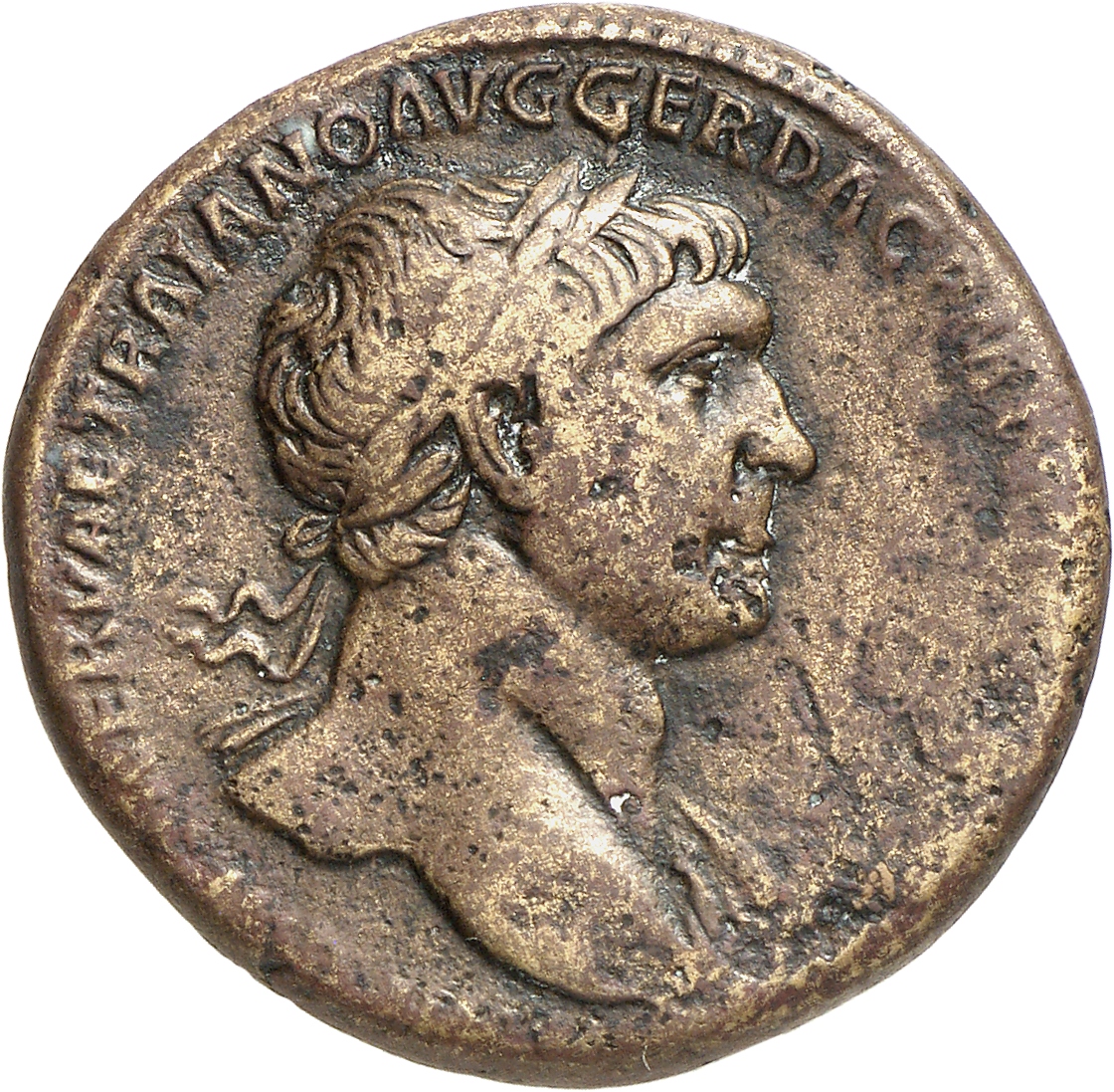 RIC II Trajan 510 (sestertius) Trajan obverse, Bust of Trajan, laureate, draped on left shoulder, right (sometimes with ae...