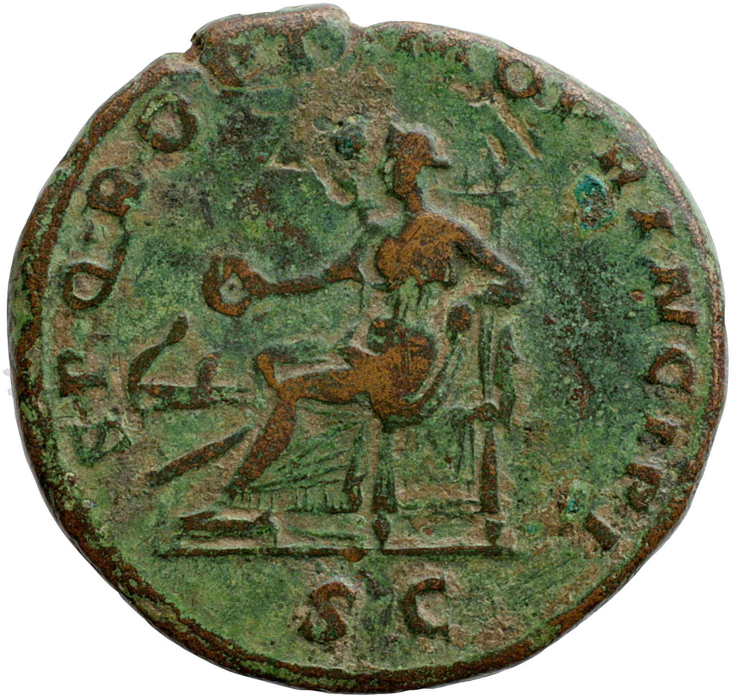 RIC II Trajan 515 (as) Trajan reverse, Salus, draped, seated left on throne, with patera in extended right hand feeding sn...