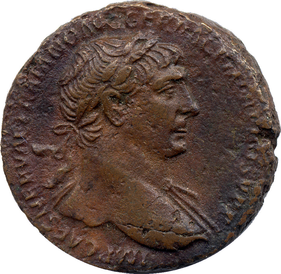 RIC II Trajan 515 (as) Trajan obverse, Bust of Trajan, laureate, draped on left shoulder, right
