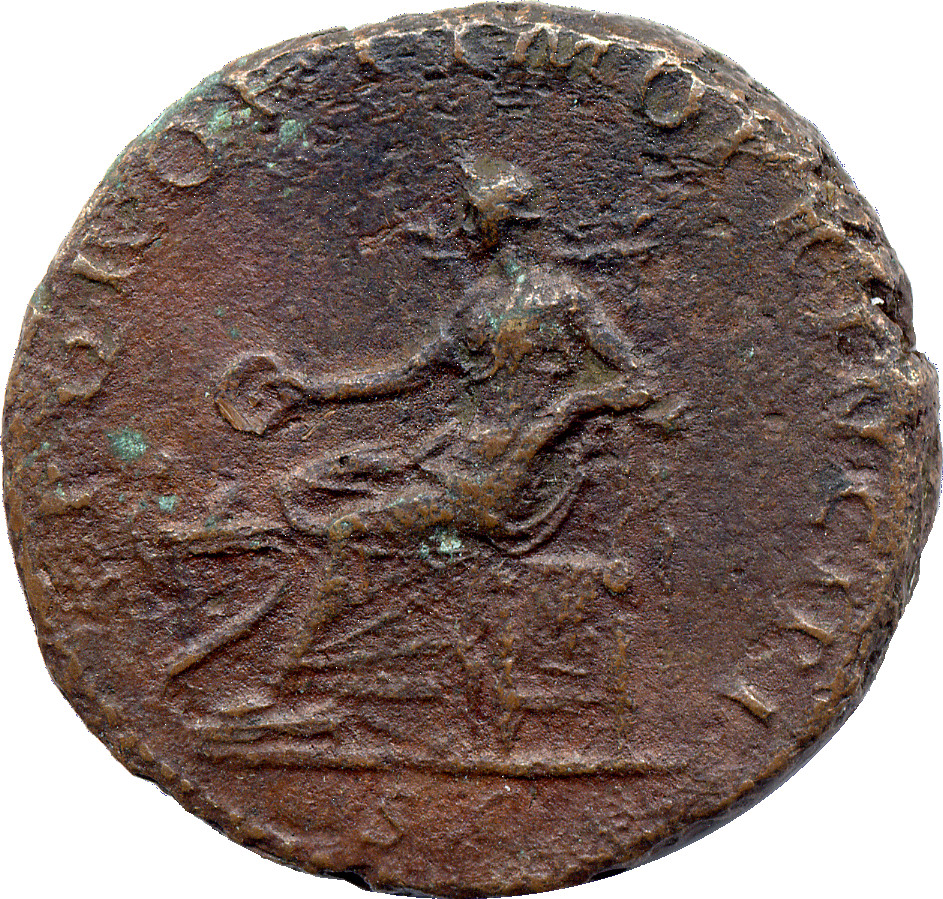 RIC II Trajan 515 (as) Trajan reverse, Salus, draped, seated left on throne, with patera in extended right hand feeding sn...