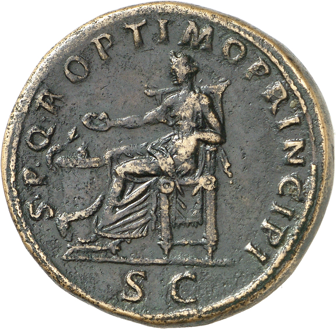 RIC II Trajan 515 (sestertius) Trajan reverse, Salus, draped, seated left on throne, with patera in extended right hand fe...