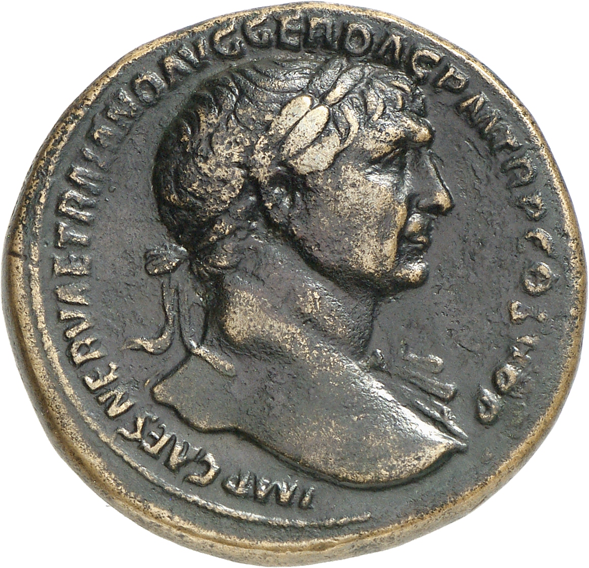 RIC II Trajan 515 (sestertius) Trajan obverse, Bust of Trajan, laureate, draped on left shoulder, right