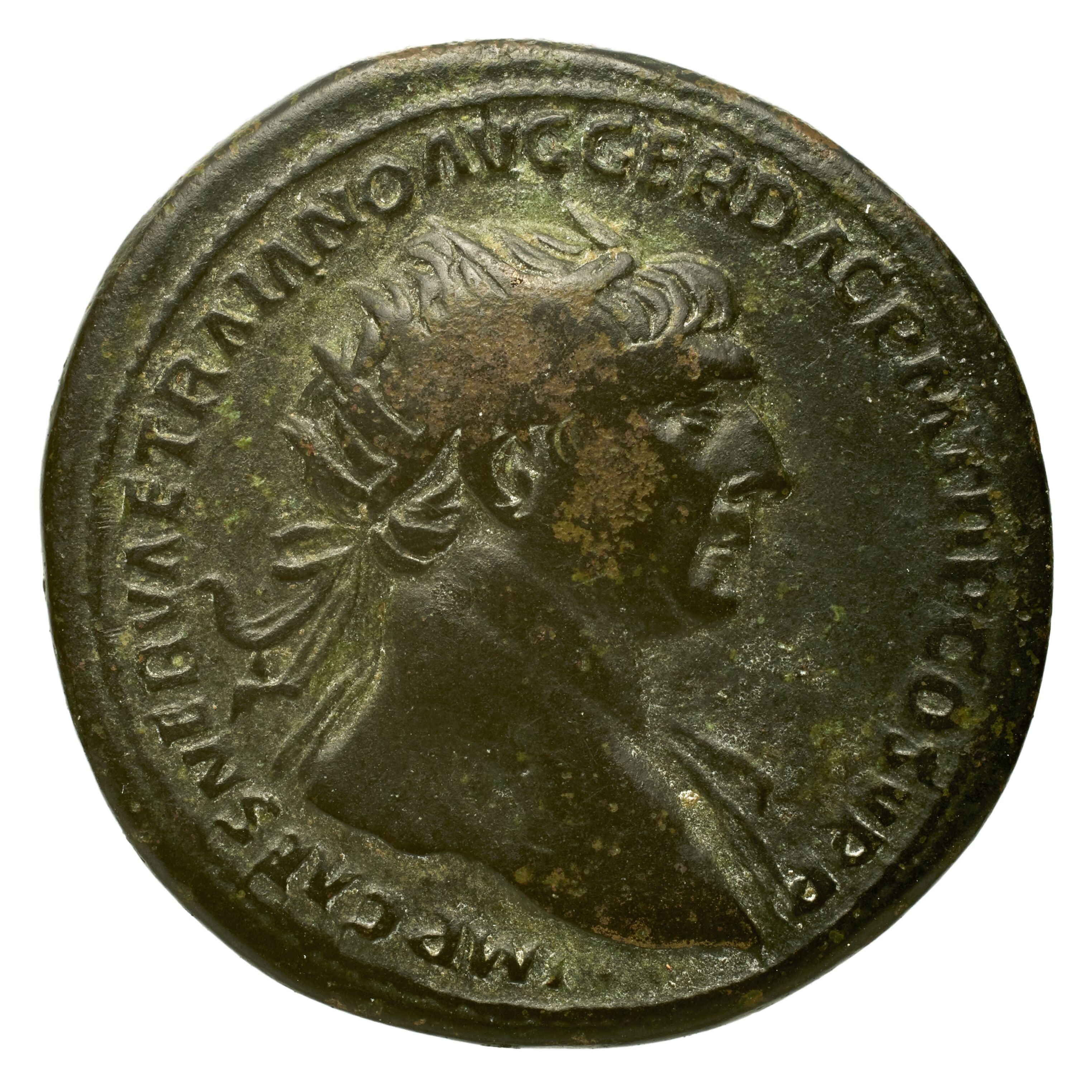 RIC II Trajan 516 Trajan obverse, Bust of Trajan, radiate, draped on left shoulder, right