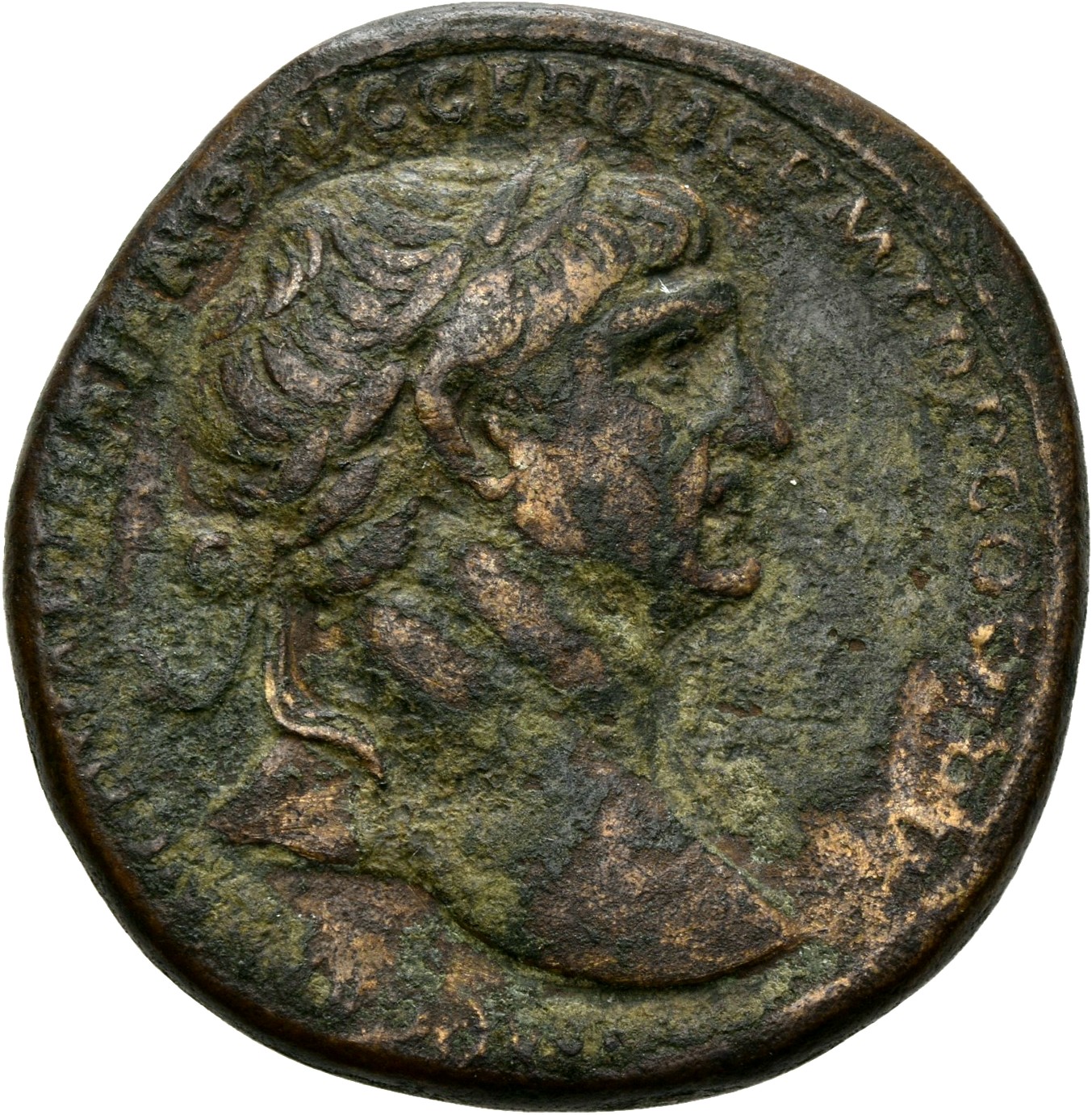 RIC II Trajan 519 (sestertius) Trajan obverse, Bust of Trajan, laureate, draped on left shoulder, right (sometimes with ae...