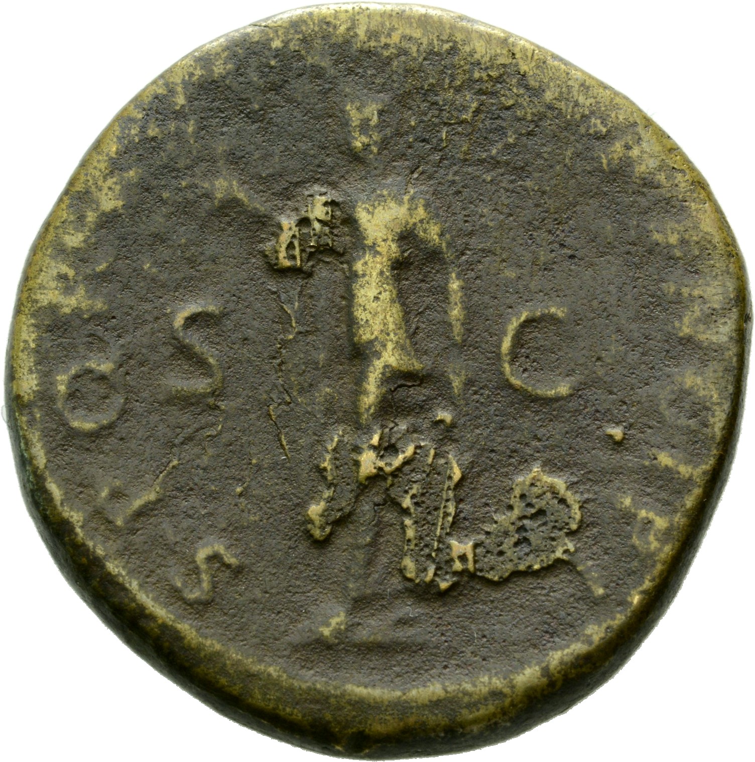 RIC II Trajan 519 (sestertius) Trajan reverse, Spes, draped, advancing left, holding up flower in right hand and raising s...