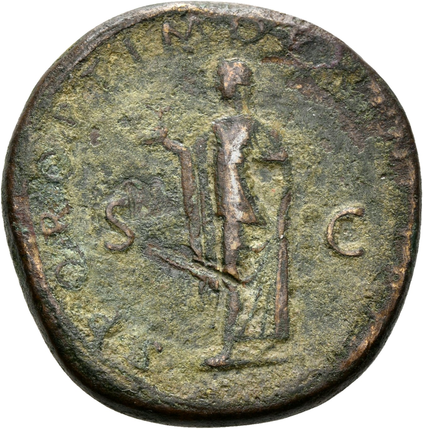 RIC II Trajan 519 (sestertius) Trajan reverse, Spes, draped, advancing left, holding up flower in right hand and raising s...