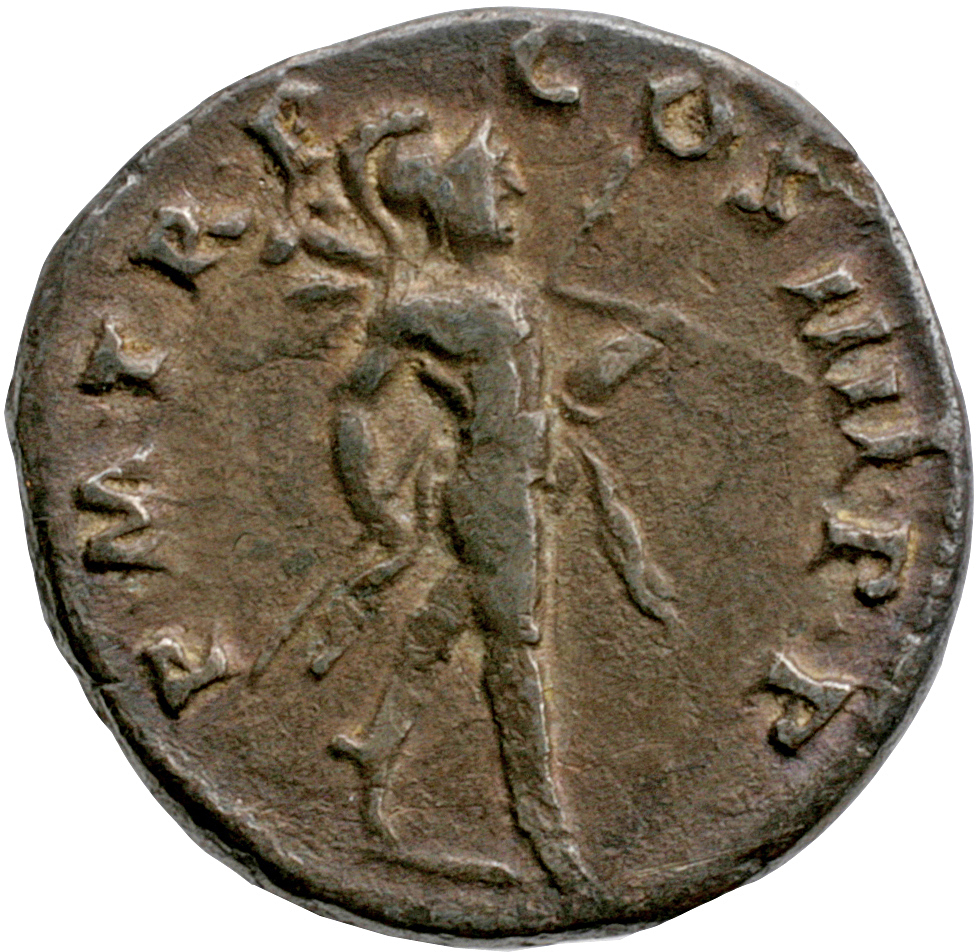 Trajan reverse — Mars, helmeted, naked except for cloak round waist, advancing right, holding transverse spear in right hand and trophy over left shoulder
