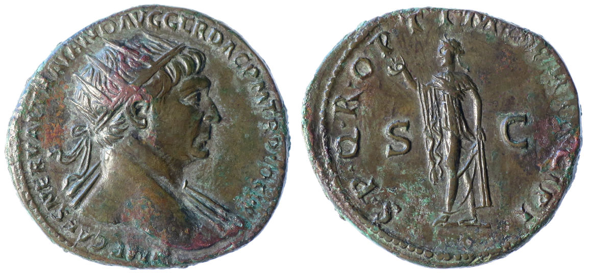 RIC II Trajan 520 Trajan reverse, Spes, draped, advancing left, holding up flower in right hand and raising skirt with left