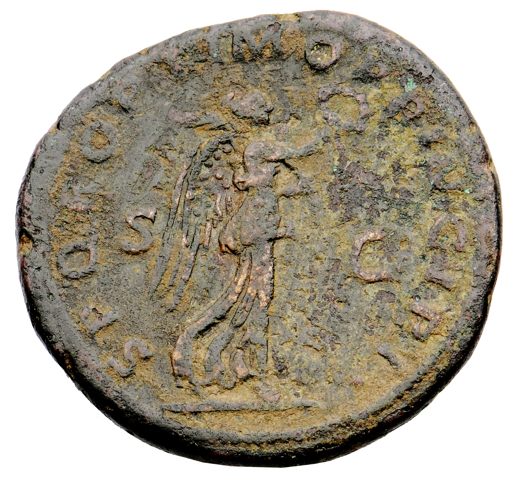 RIC II Trajan 521 Trajan reverse, Victory advancing left, holding wreath in right hand and palm upwards in left