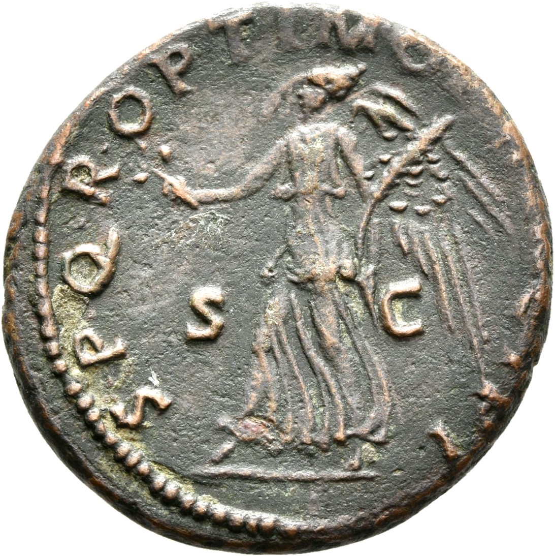 RIC II Trajan 522 Trajan reverse, Victory advancing left, holding wreath in right hand and palm upwards in left