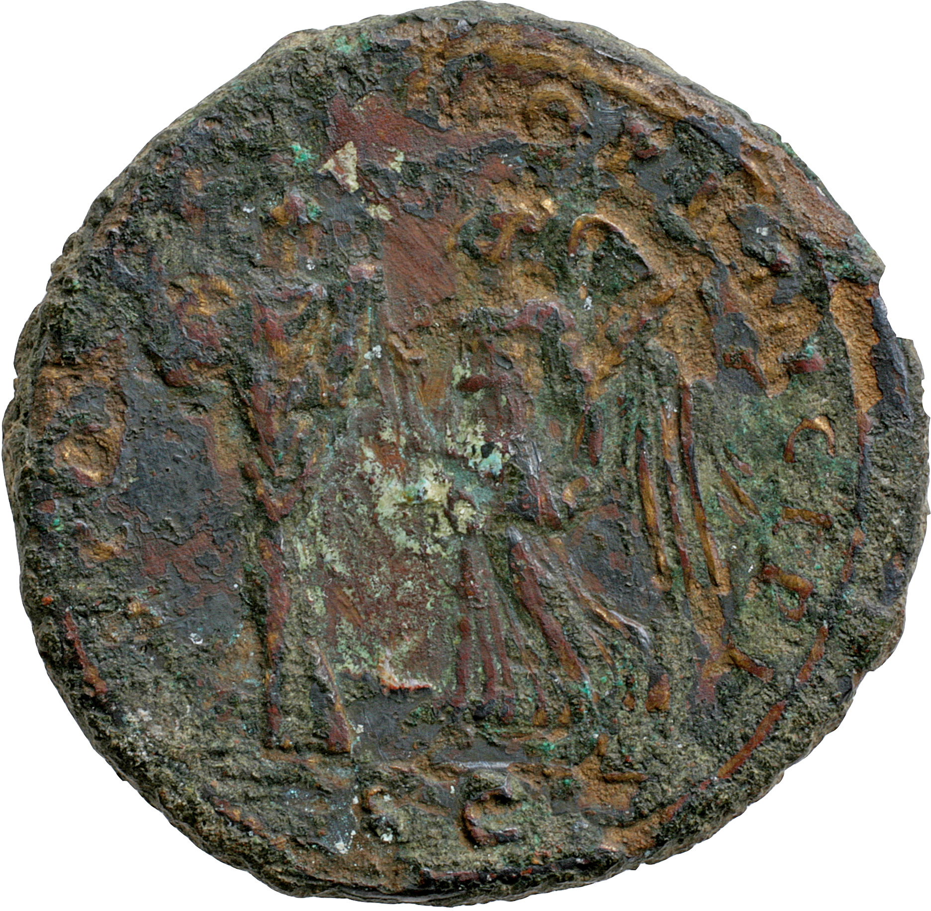 Trajan reverse — Victory, draped, stepping left holding palm in left hand and with right hand setting a trophy upright left; trophy has two oblong shields at base (sometimes trophy has no weapons)