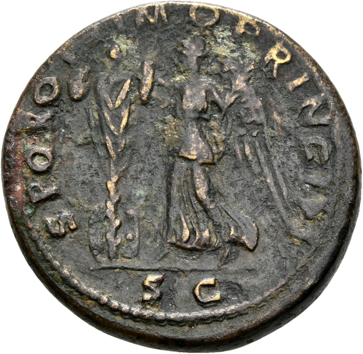 RIC II Trajan 525 Trajan reverse, Victory, draped, stepping left holding palm in left hand and with right hand setting a t...