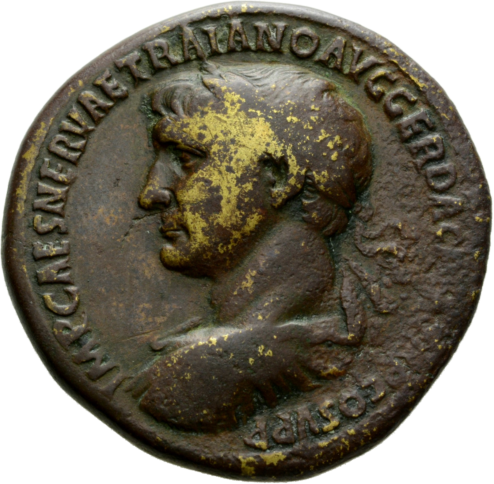 RIC II Trajan 526 Trajan obverse, Head of Trajan, laureate, left