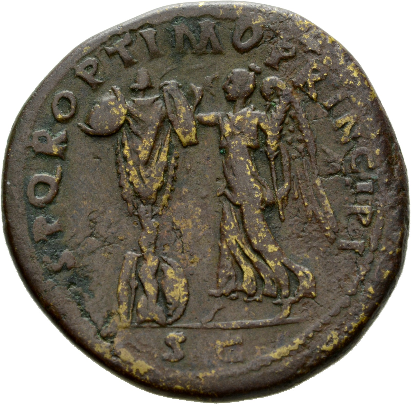 RIC II Trajan 526 Trajan reverse, Victory, draped, stepping left holding palm in left hand and with right hand setting a t...