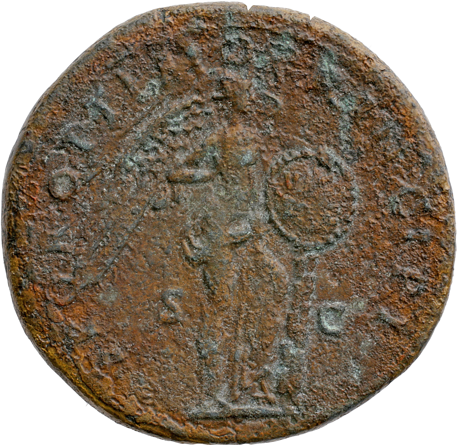 RIC II Trajan 527 Trajan reverse, Victory, naked to waist, standing right, left foot on helmet, holding stylus in right ha...