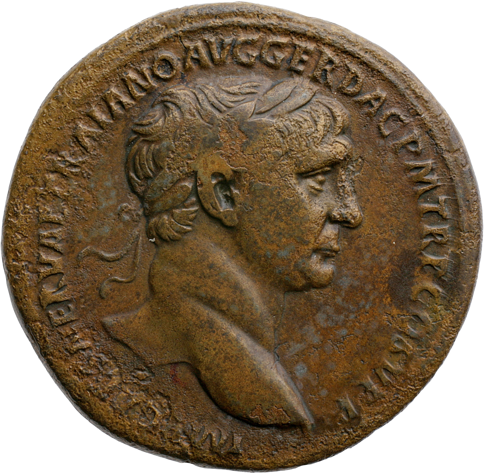 RIC II Trajan 527 Trajan obverse, Bust of Trajan, laureate, draped on left shoulder, right