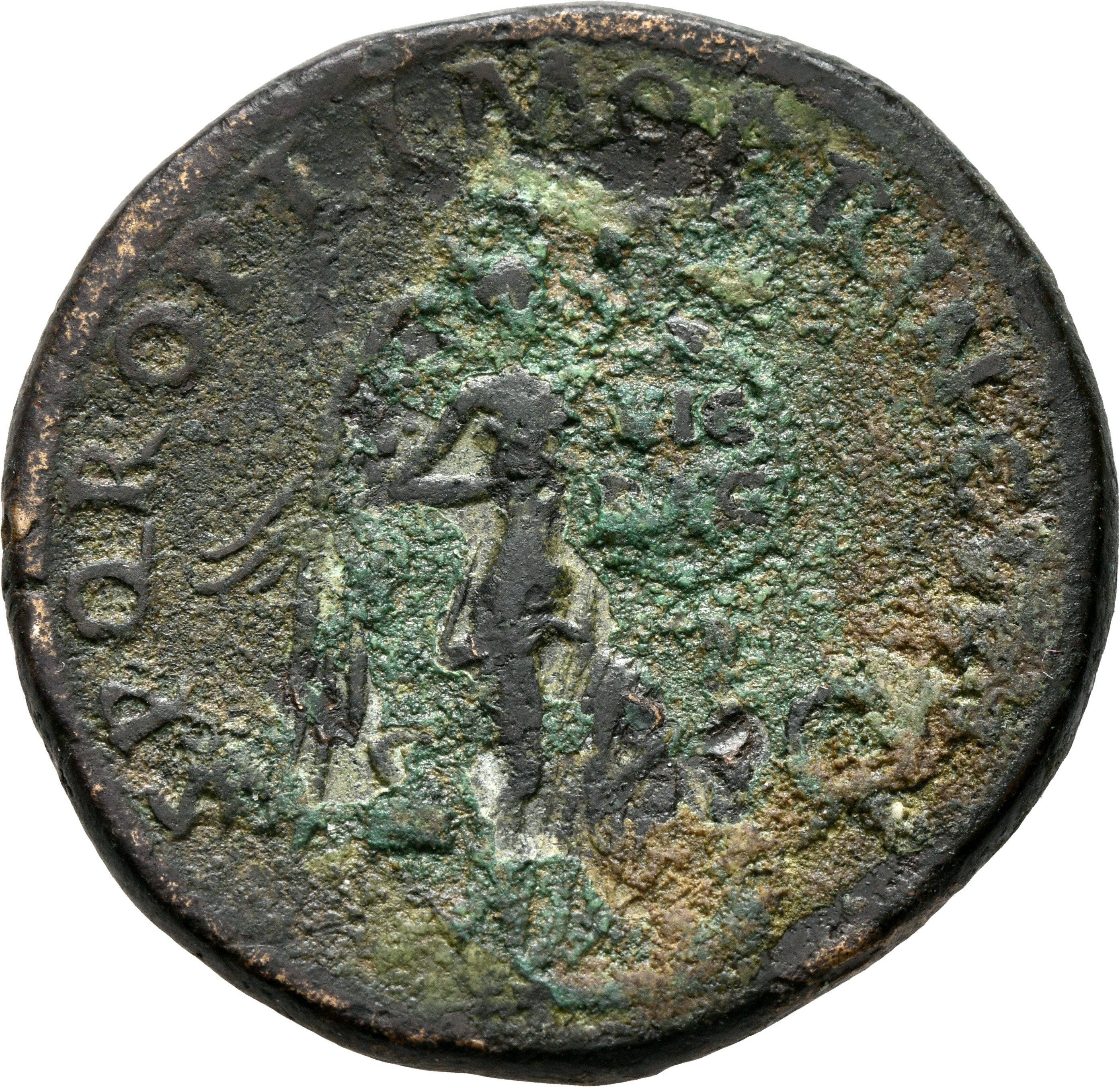 RIC II Trajan 528 Trajan reverse, Victory, naked to waist, standing right, left foot on helmet, holding stylus in right ha...
