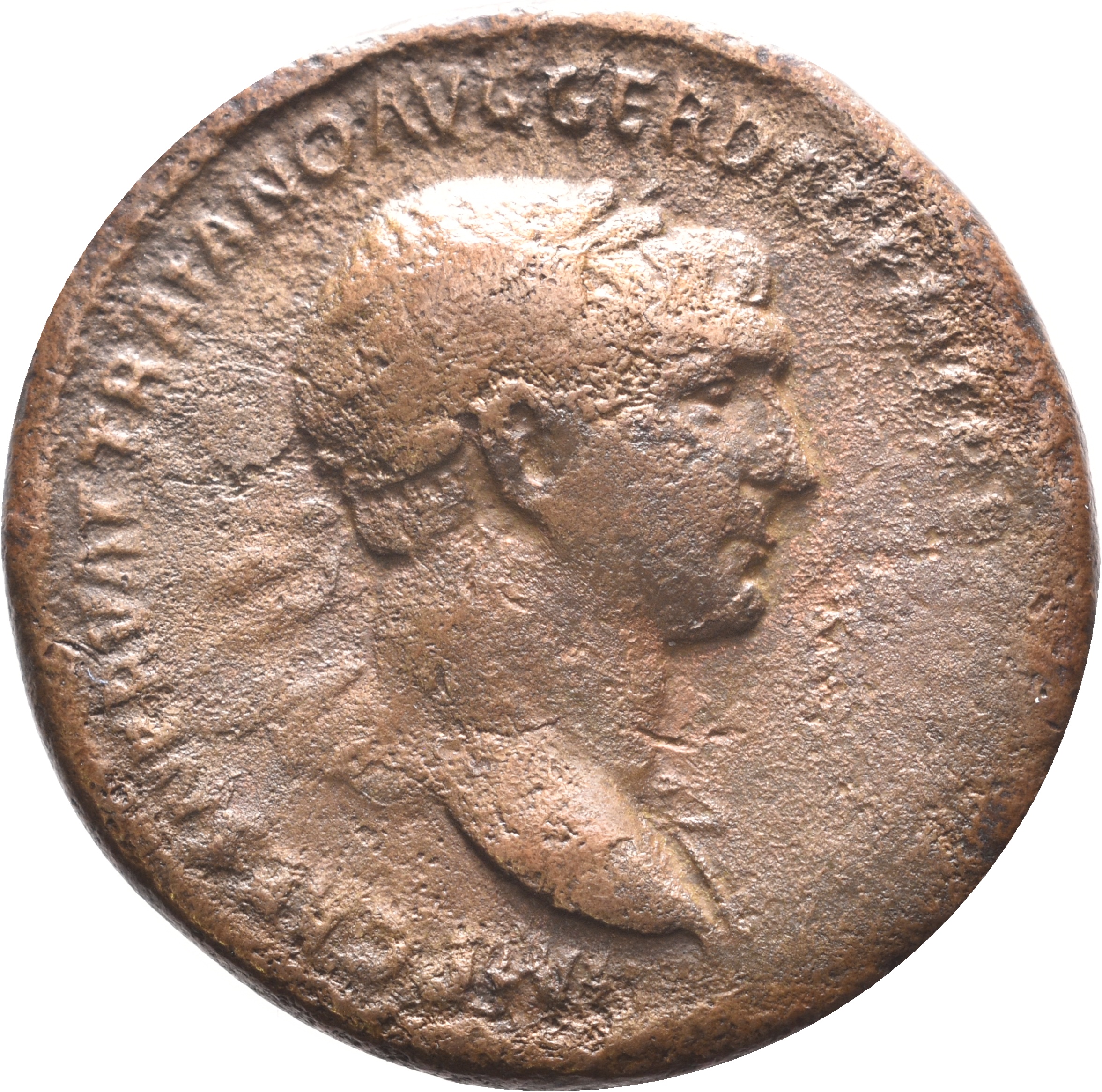 RIC II Trajan 529 Trajan obverse, Bust of Trajan, laureate, draped, right