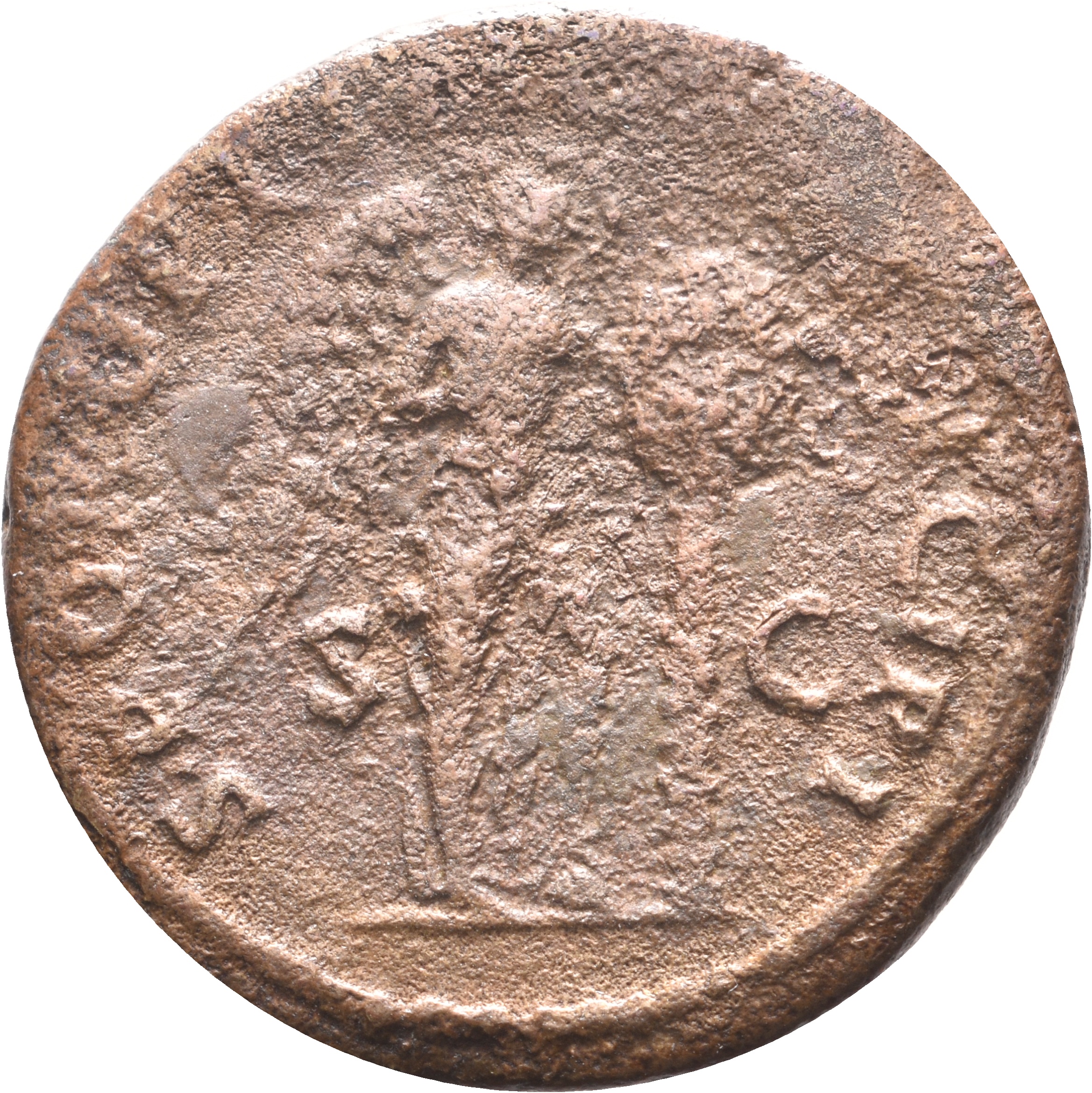 RIC II Trajan 529 Trajan reverse, Victory, naked to waist, standing right, left foot on helmet, holding stylus in right ha...