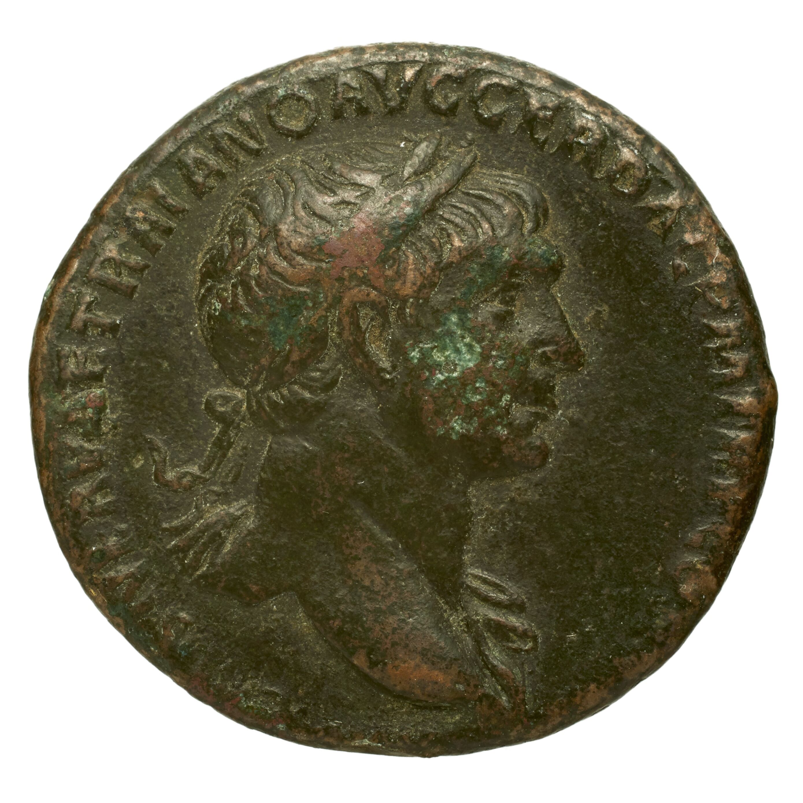 RIC II Trajan 529 Trajan obverse, Bust of Trajan, laureate, draped, right