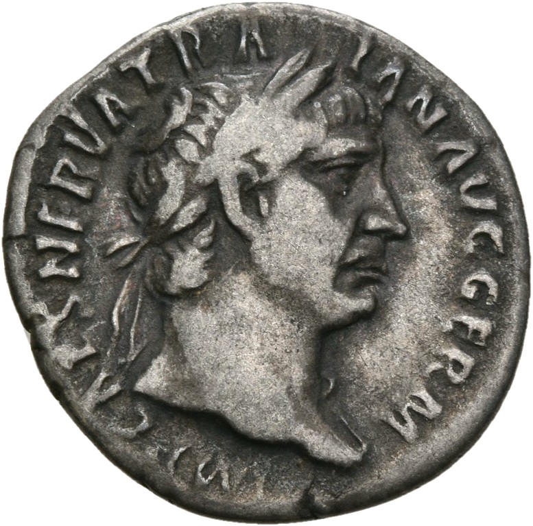 RIC II Trajan 53 Trajan obverse, Head of Trajan, laureate, right