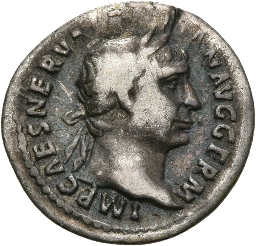 RIC II Trajan 53 Trajan obverse, Head of Trajan, laureate, right