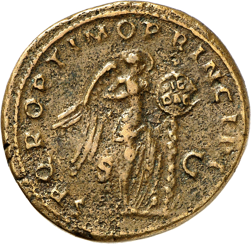RIC II Trajan 531 Trajan reverse, Victory, naked to waist, standing right, left foot on helmet, holding stylus in right ha...