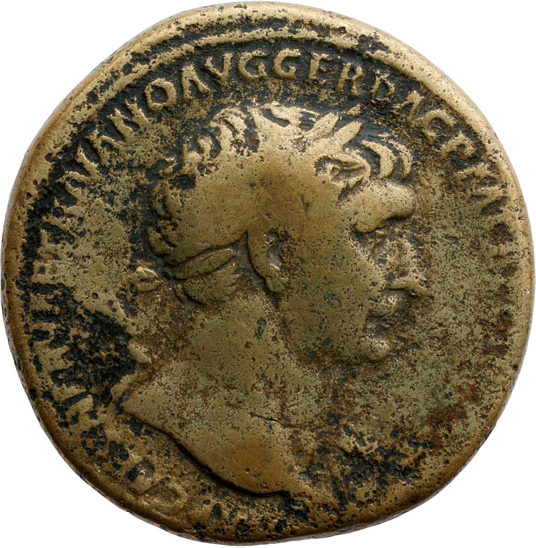 Trajan obverse — Bust of Trajan, laureate, right (sometimes draped on left shoulder with aegis)