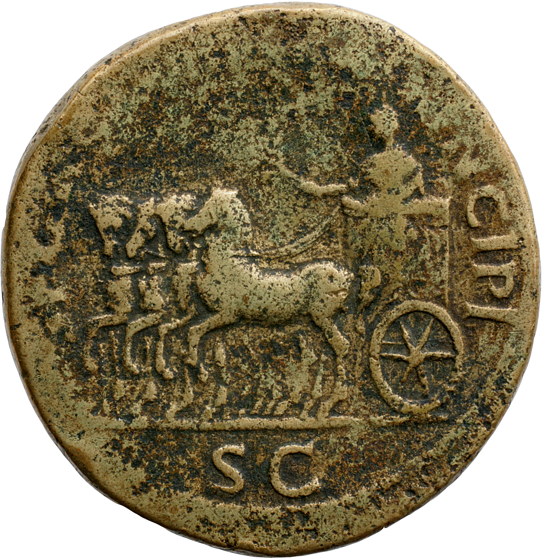 Trajan reverse — Trajan standing in quadriga, left, holding branch and sceptre