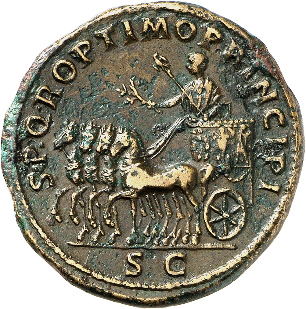 RIC II Trajan 533 Trajan reverse, Trajan standing in quadriga, left, holding branch and sceptre