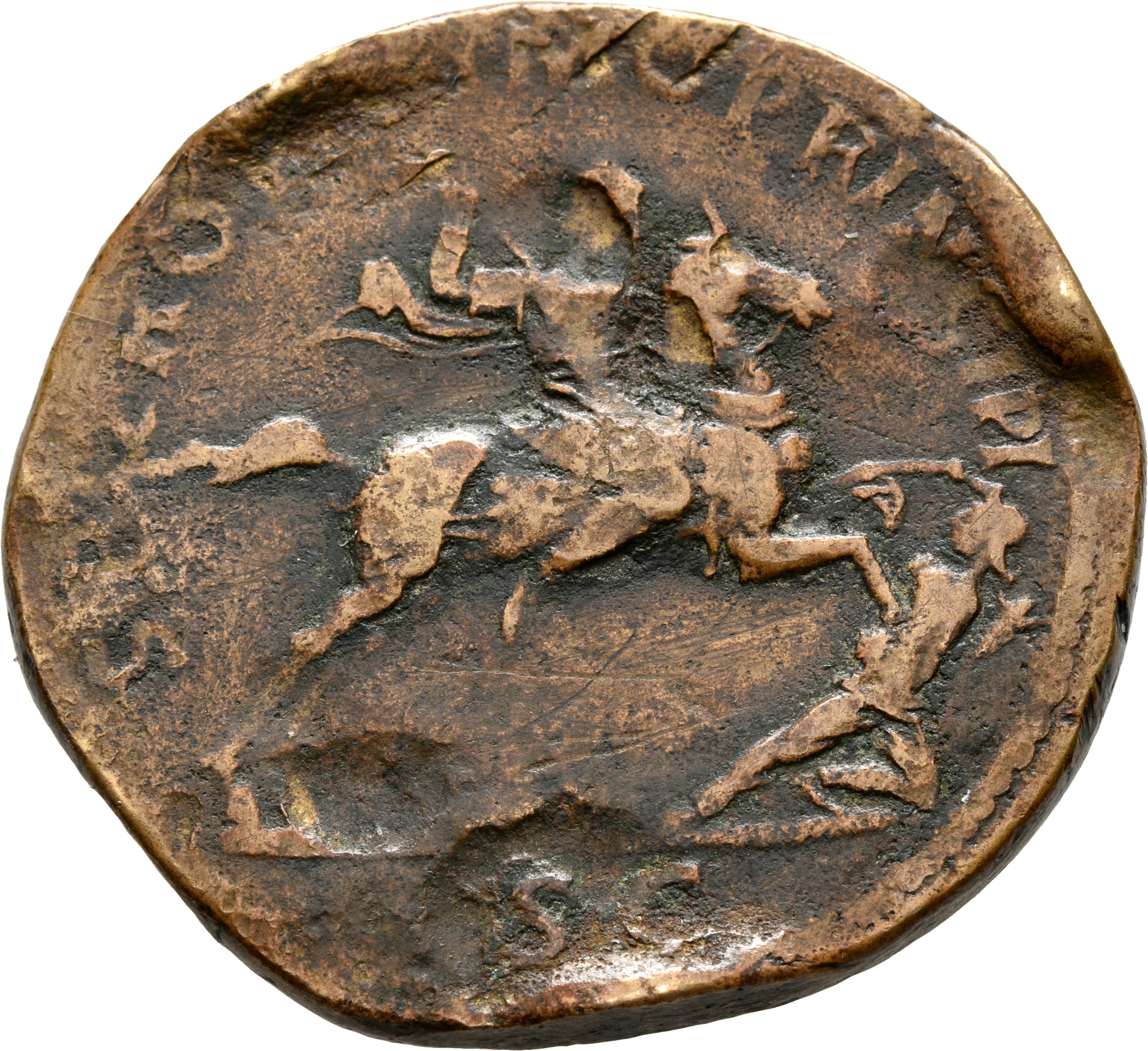 RIC II Trajan 534 Trajan reverse, Trajan, bare-headed, in military dress, cloak floating behind him, riding right, thrusti...
