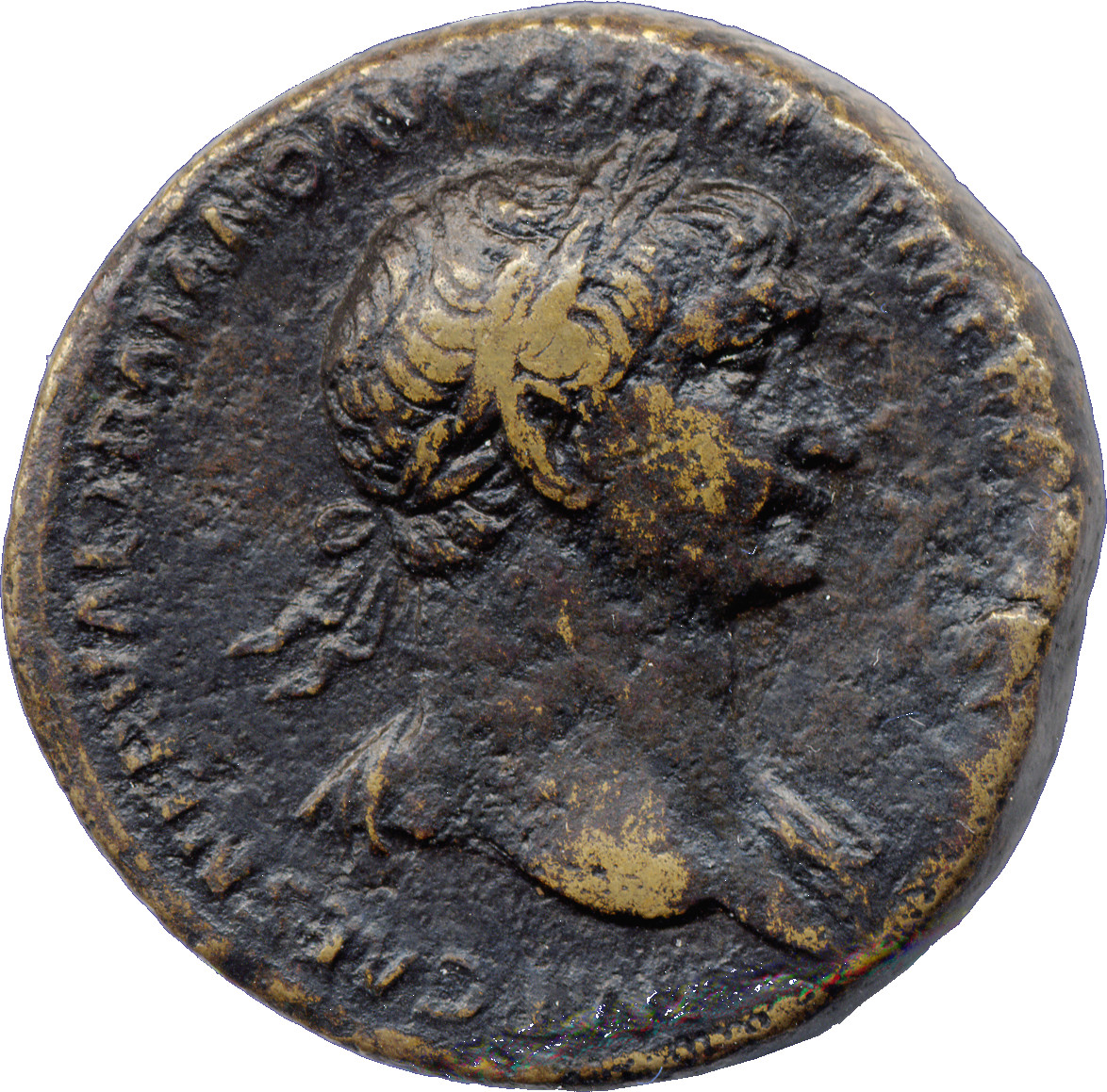 RIC II Trajan 534 Trajan obverse — Bust of Trajan, laureate, draped on left shoulder, right