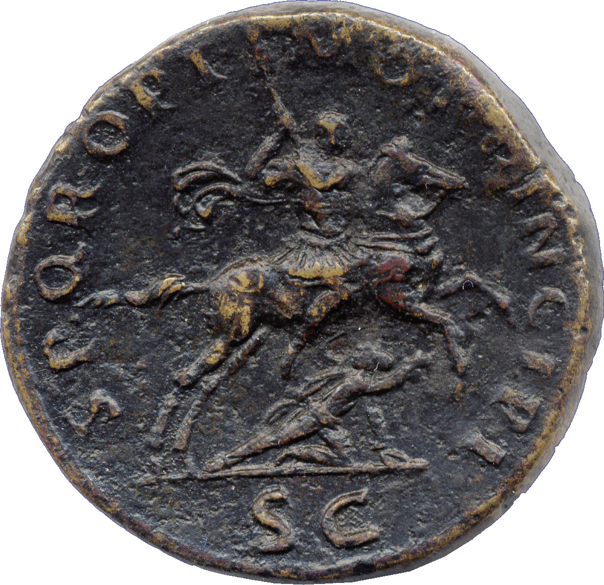RIC II Trajan 534 Trajan reverse — Trajan, bare-headed, in military dress, cloak floating behind him, riding right, thrust...