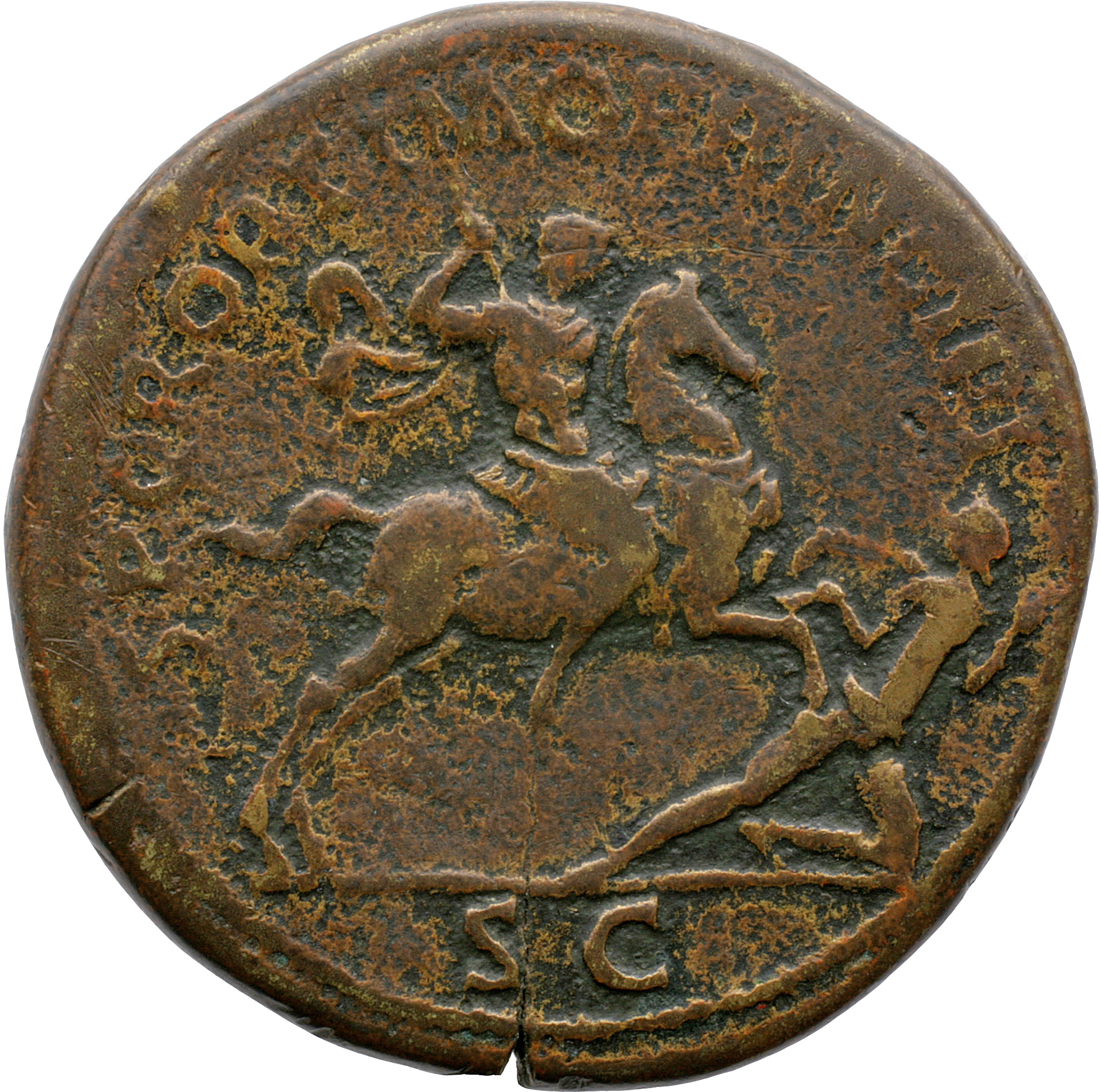 Trajan reverse — Trajan, bare-headed, in military dress, cloak floating behind him, riding right, thrusting spear at Dacian in front of horse