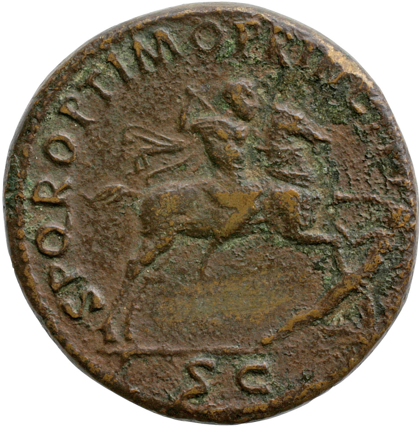 RIC II Trajan 538 Trajan reverse, Trajan, bare-headed, in military dress, cloak floating behind him, riding right, thrusti...