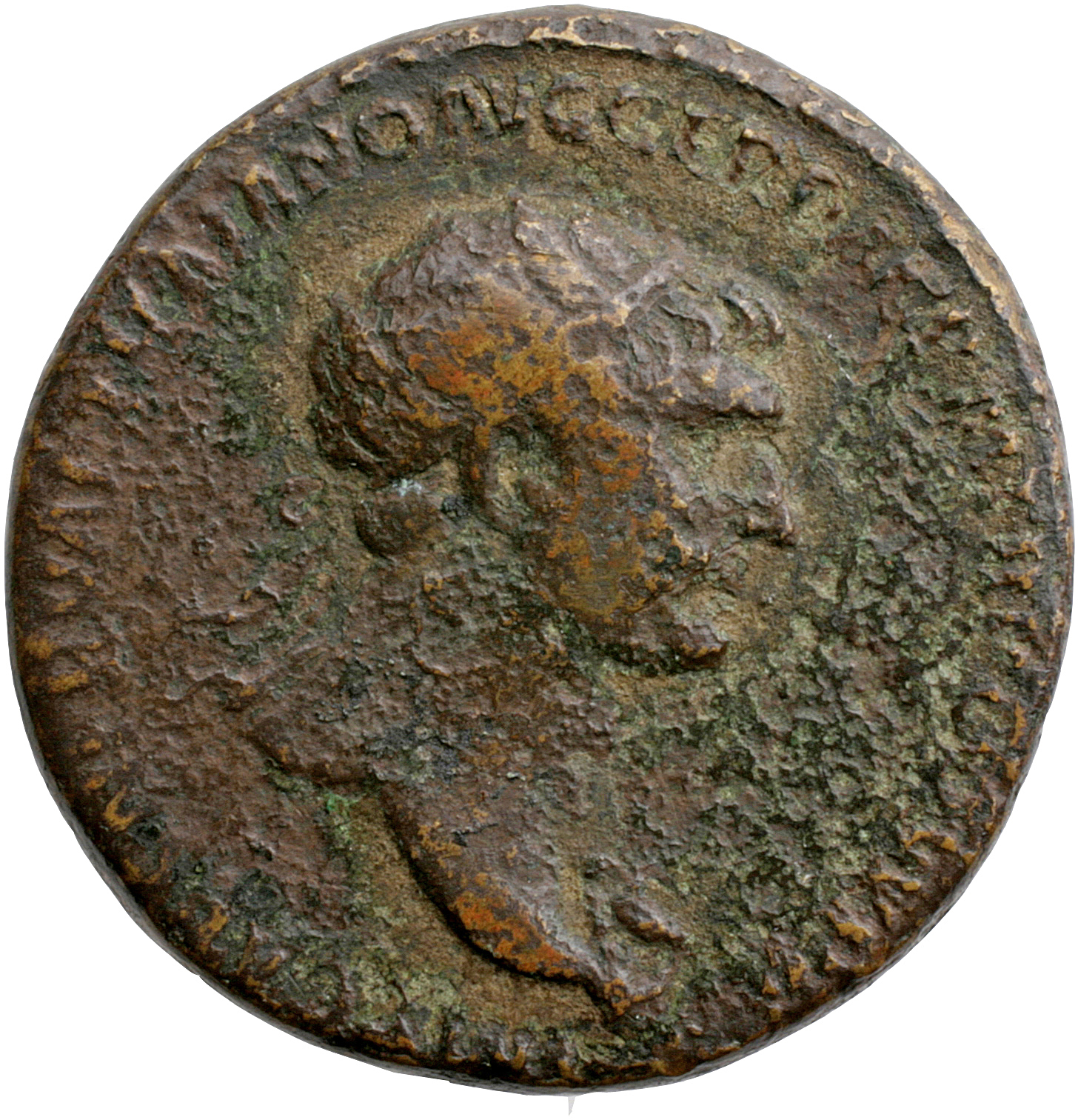 Trajan obverse — Bust of Trajan, radiate, draped on left shoulder, right