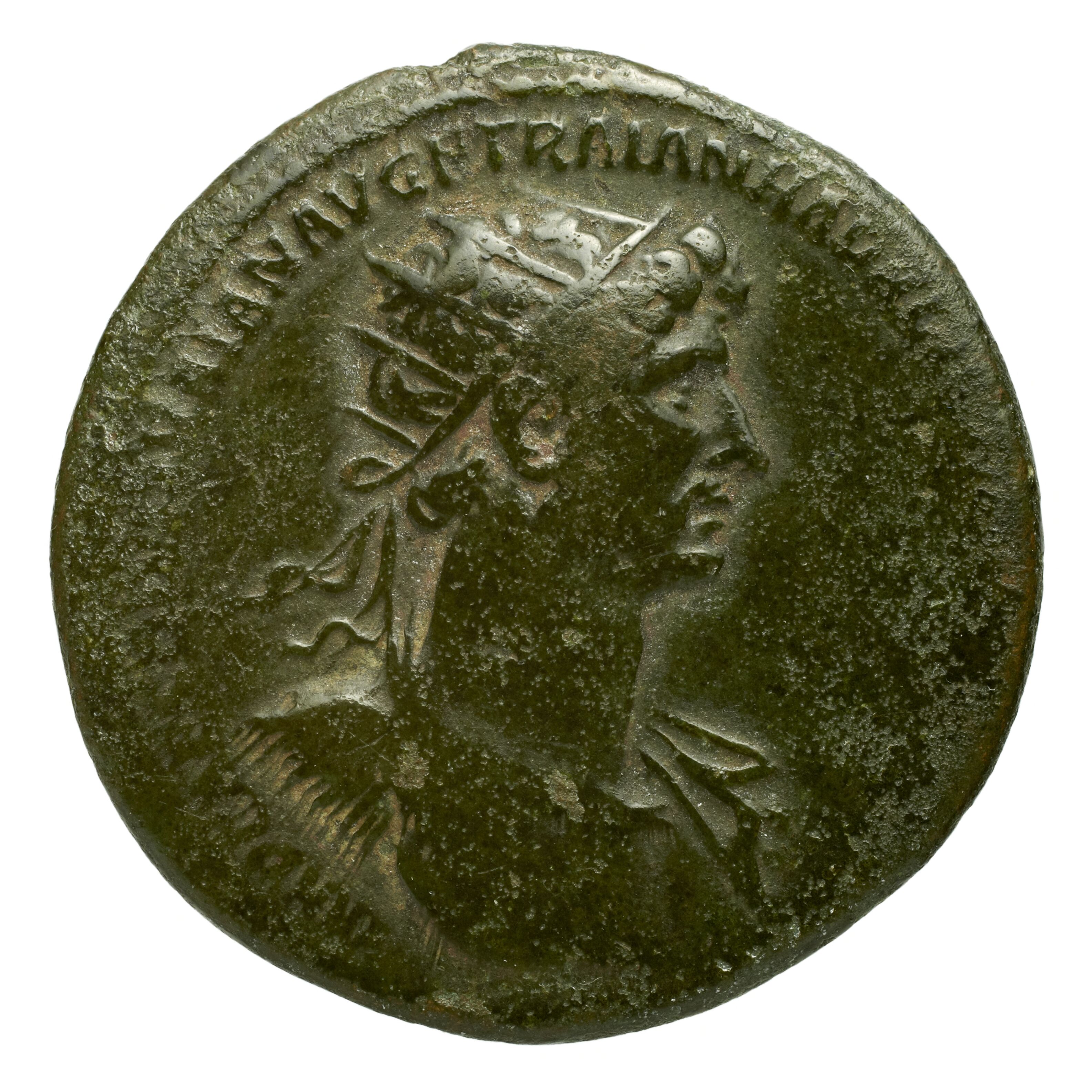 RIC II Trajan 539 Trajan obverse, Bust of Trajan, radiate, right with aegis