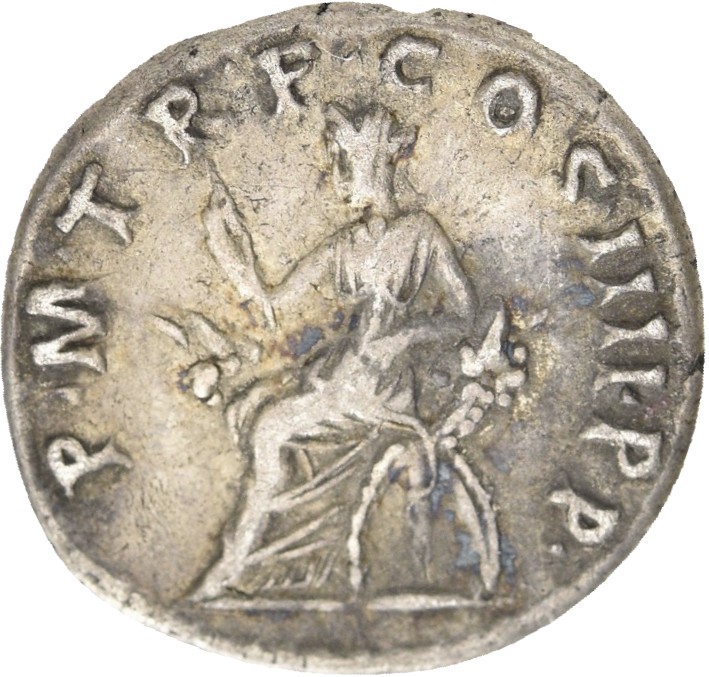 RIC II Trajan 54 Trajan reverse, Abundantia seated left on chair with crossed cornucopiae, holding sceptre in right hand