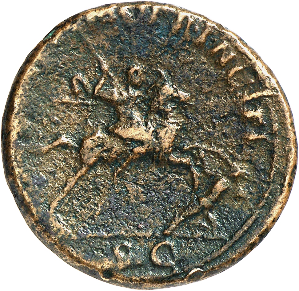 RIC II Trajan 540 Trajan reverse, Trajan, bare-headed, in military dress, cloak floating behind him, riding right, thrusti...