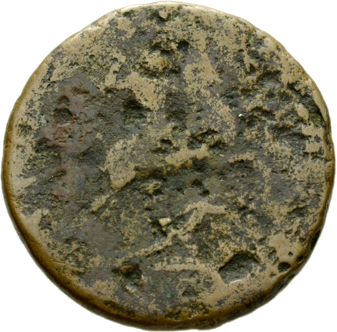 Trajan reverse — Trajan, bare-headed, in military dress, cloak floating behind him, riding right, thrusting spear at Dacian below horse