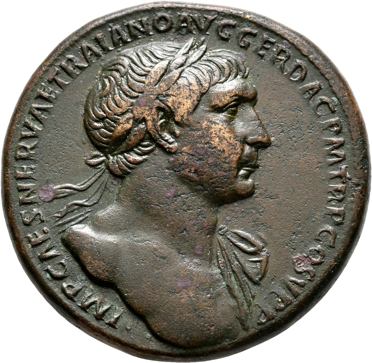 RIC II Trajan 543 (sestertius) Trajan obverse, Head of Trajan, laureate, right