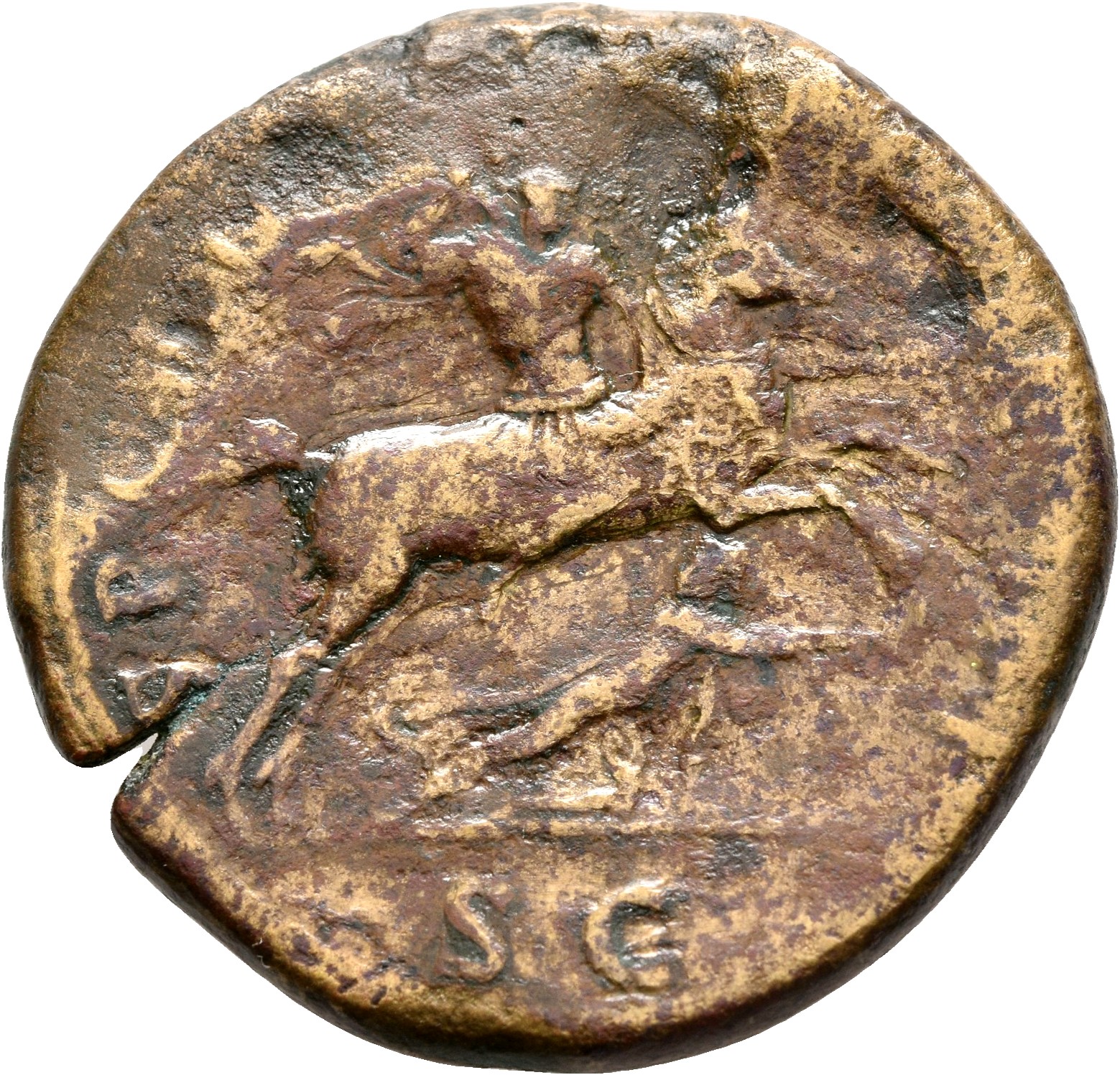 RIC II Trajan 543 (sestertius) Trajan reverse, Trajan, bare-headed, in military dress, cloak floating behind him, riding r...