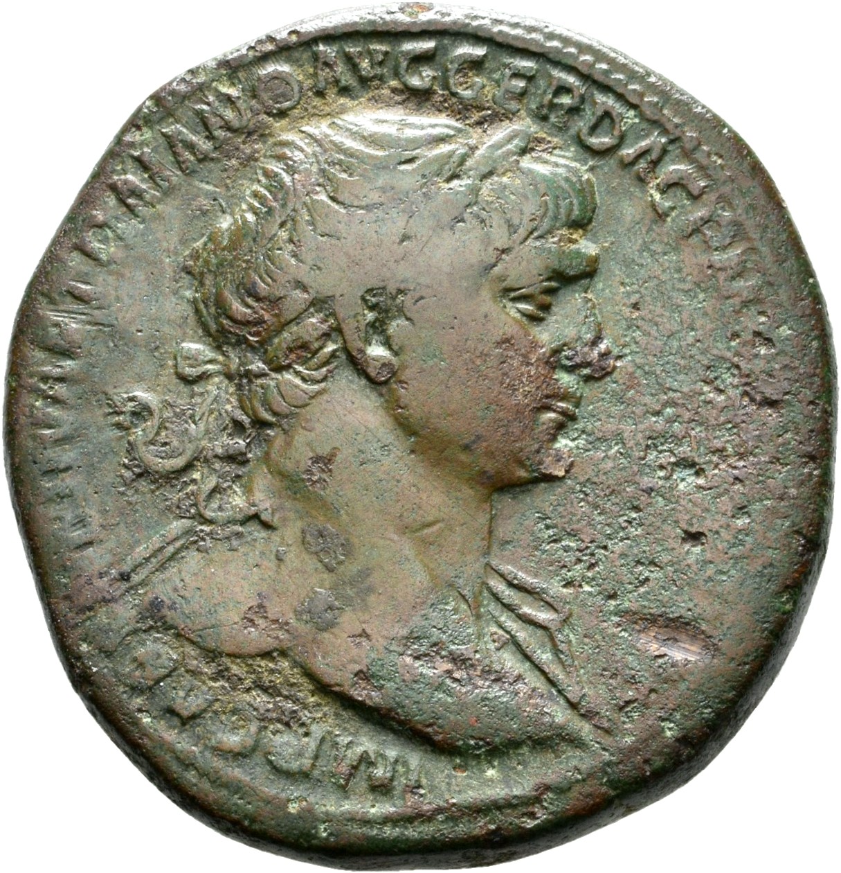 RIC II Trajan 543 (sestertius) Trajan obverse, Head of Trajan, laureate, right