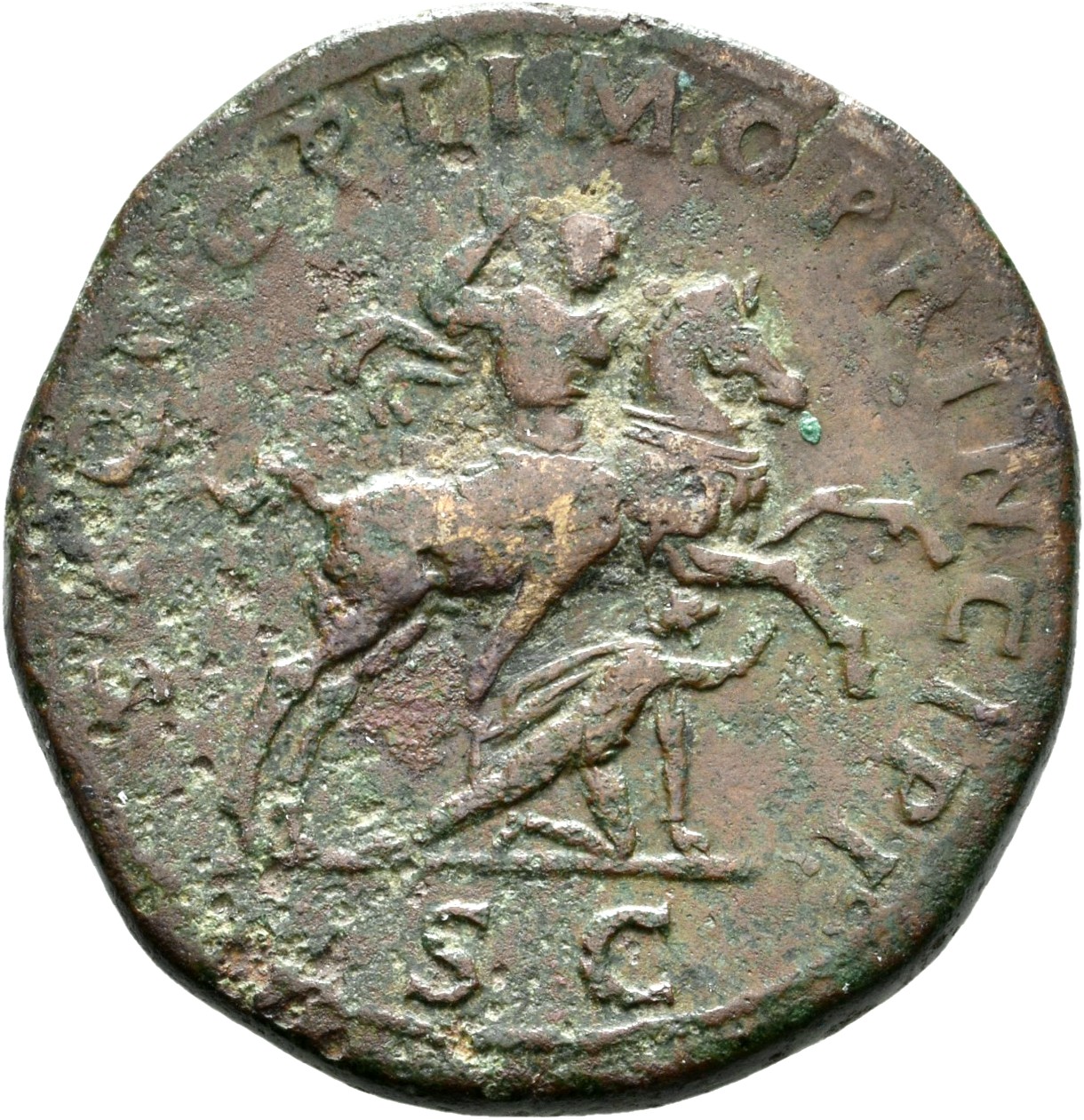 RIC II Trajan 543 (sestertius) Trajan reverse, Trajan, bare-headed, in military dress, cloak floating behind him, riding r...