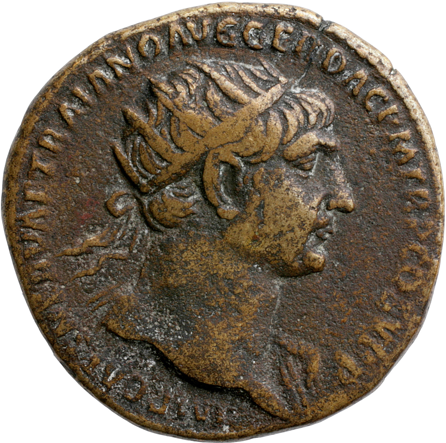 RIC II Trajan 545 Trajan obverse, Head of Trajan, radiate, right