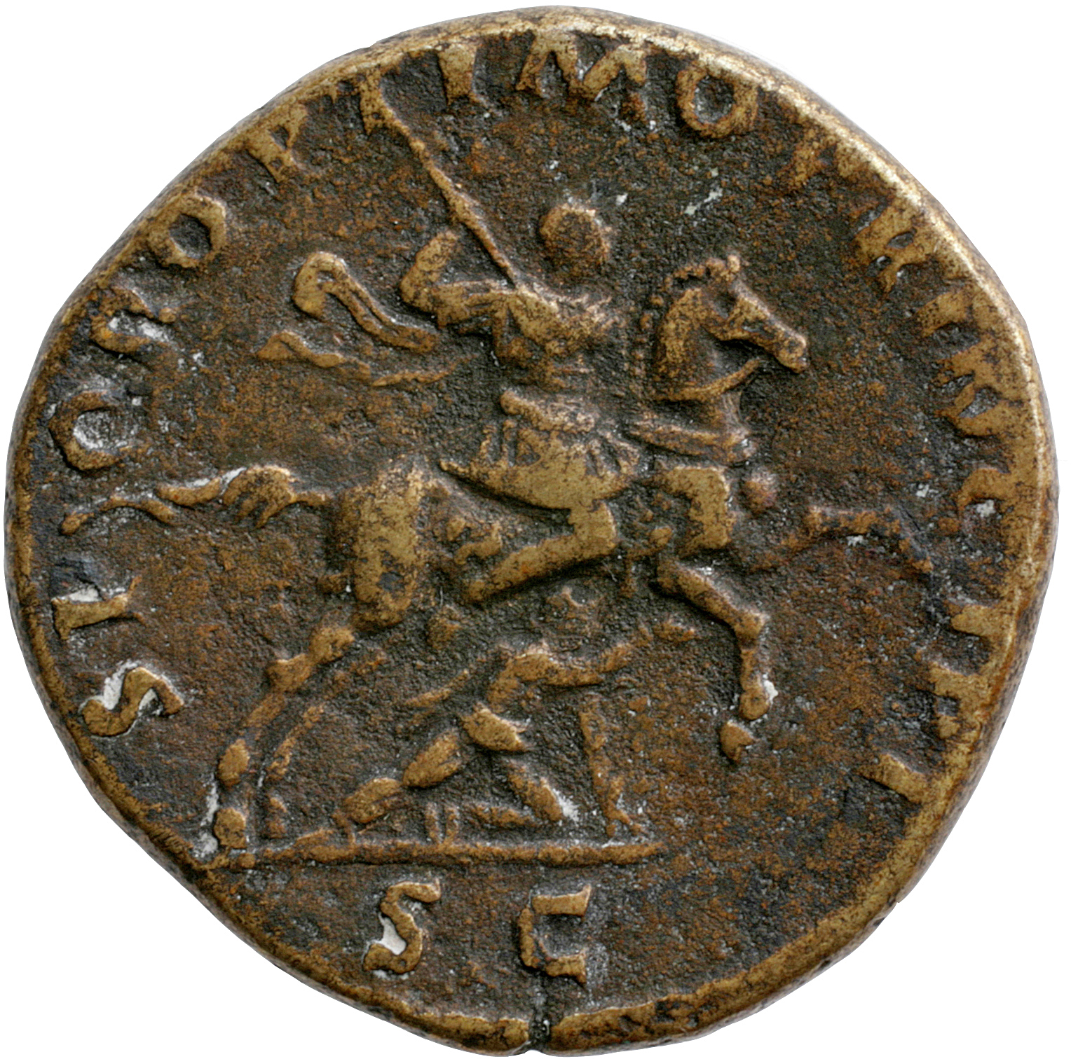 RIC II Trajan 545 Trajan reverse, Trajan, bare-headed, in military dress, cloak floating behind him, riding right, thrusti...