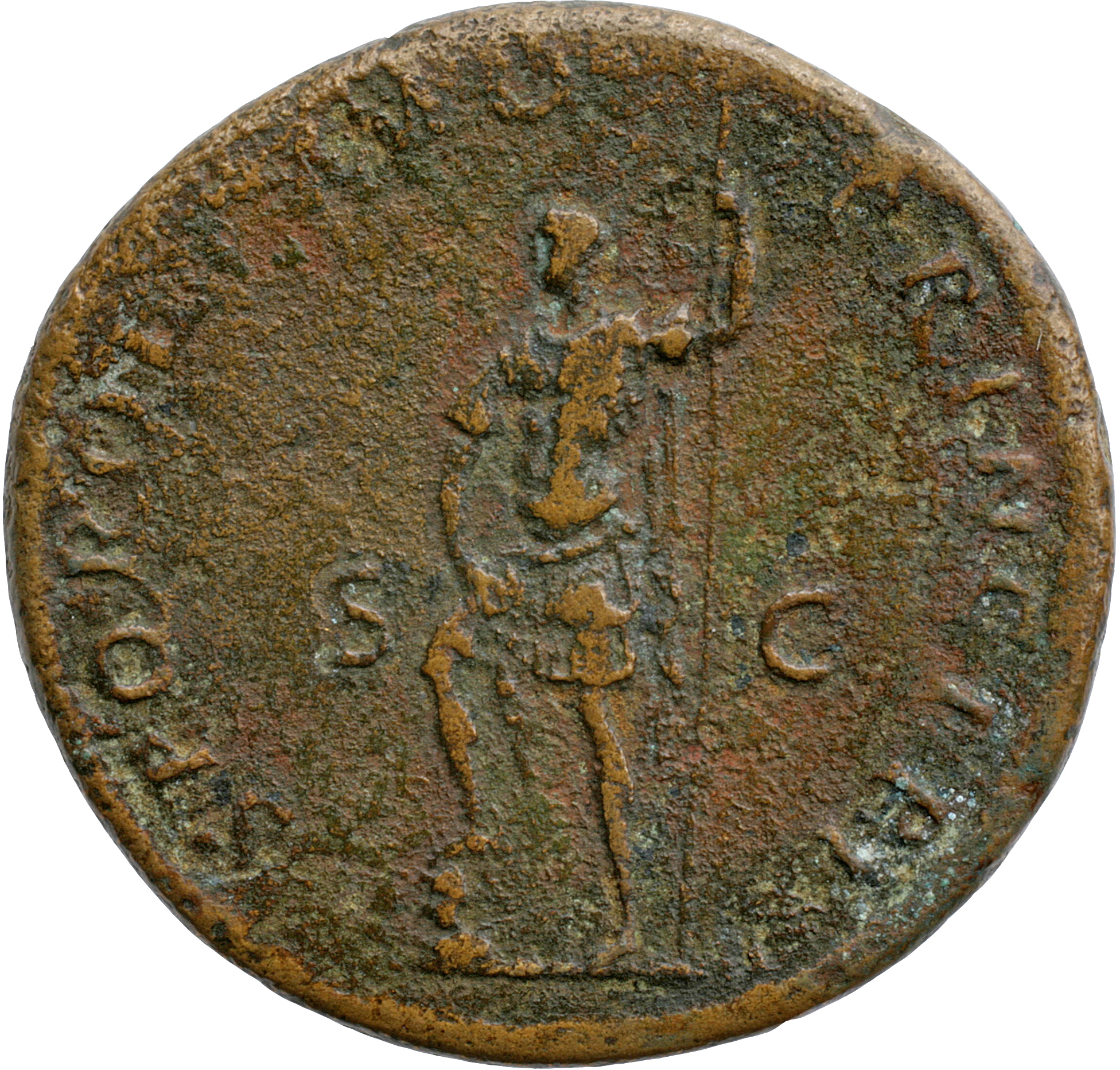 Trajan reverse — Trajan, bare-headed, in military dress, standing left, holding vertical spear in left hand, resting right foot on Dacian; only the head and shoulders are seen